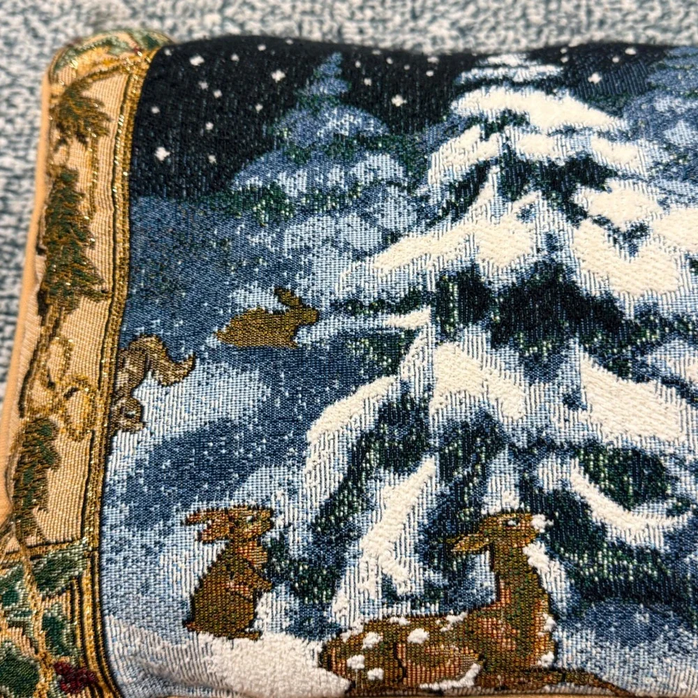 Riverdale Woven Tapestry Winter Forest Deer Rabbit Accent Pillow Made in USA